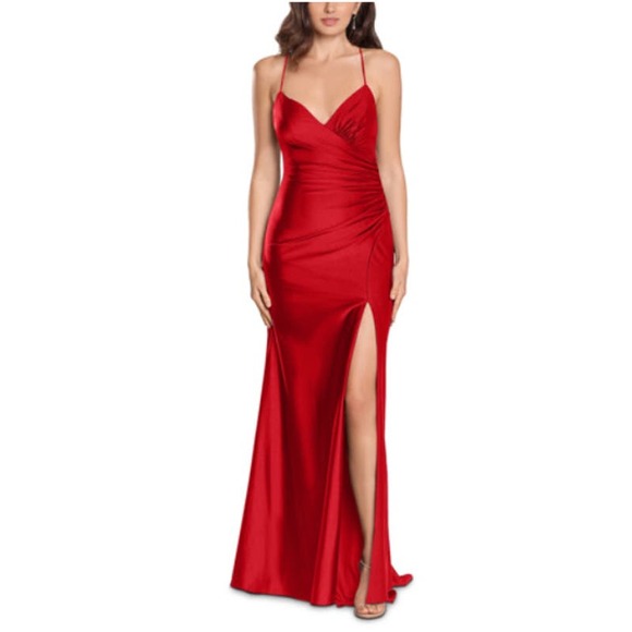 XSCAPE Stretch Satin Strappy Side-gathered High-slit Dress In Red Size 6 NWOT - Picture 2 of 11